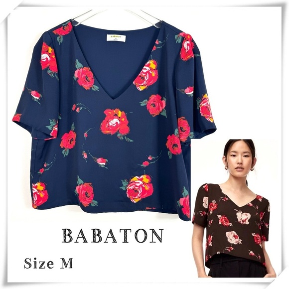 Babaton Tops - Aritzia Babaton Randy Floral Short Sleeve Top Blouse in Navy Blue Size M